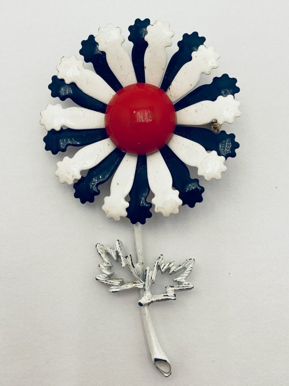 Vintage Enamel Metal Flower Brooch Mid Century Red,White & Blue Daisy Pin
